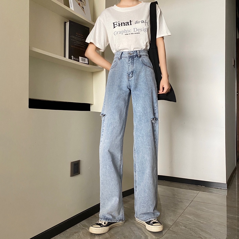 korean new vintage high waist longgar boyfriend celana robek kulot jeans panjang wanita