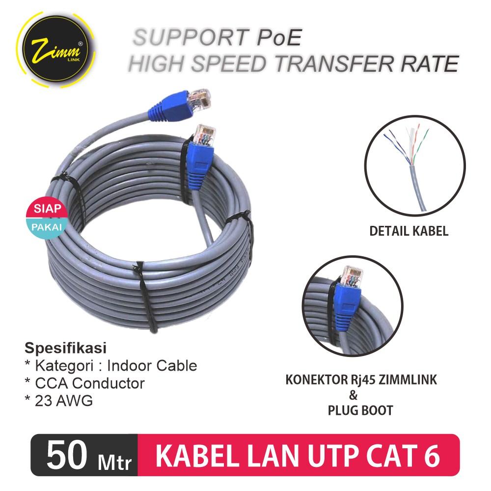 Kabel UTP Cat 6 LAN Zimm link Panjang 50 meter Siap Pakai Cable LAN UTP FTP CAT 6 Panjang 50 Meter