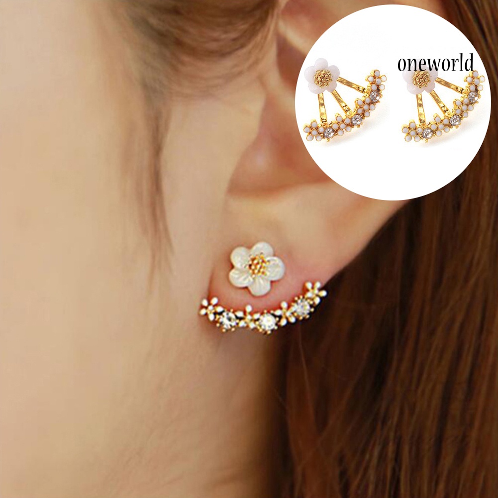 OW@ Women Fashion Rhinestone Inlaid Daisy Stud Earrings Ear Jacket Jewelry Gift