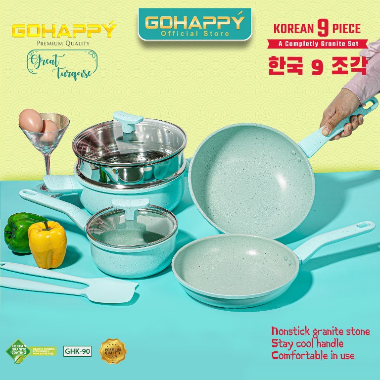 Panci Pastel KOREAN SET 9 PCS GOHAPPY GHK90 | Wajan lengkap Perlengkapan dapur | Cookware Steamer Frypan saucepan wokpan