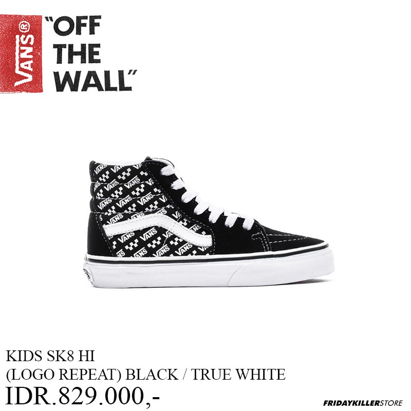 SEPATU ANAK ANAK VANS OFF THE WALL | KIDS SK8 HI (LOGO REPEAT) BLACK / TRUE WHITE