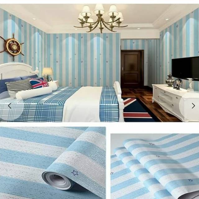 Wallpaper Stiker Dinding Dekorasi Kamar Tidur Anak Plafon Atap Rumah Motif Garis Bintang Bahan PVC Sudah Ada Lem Ukuran Per Meter Lebar 45cm