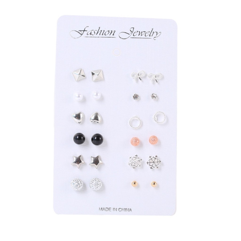 12 Pasang Anting Tindik Set Gaya Korea Fashion Stud Earrings Korean Style Giwang Tusuk High Quality