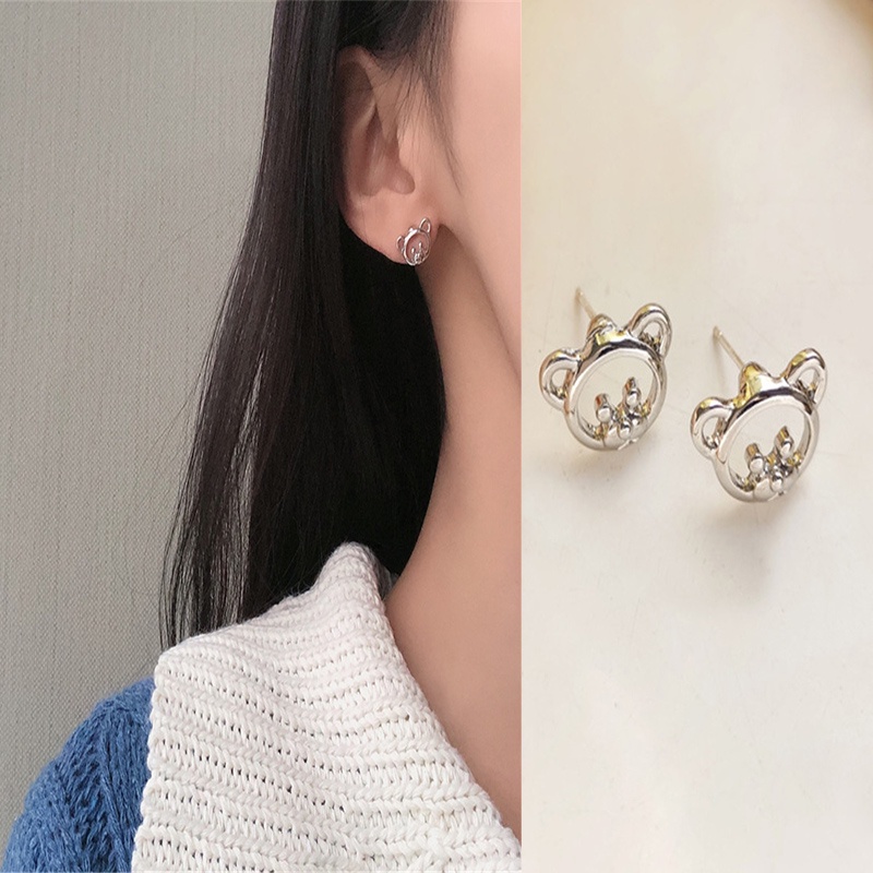 1pasang Korea Lucu Fashion Beruang Beruang Perak Stud Earrings untuk Wanita