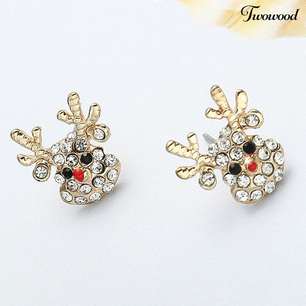 1 Pasang Anting Kait Bentuk Topi Natal Rusa Aksen Berlian Imitasi Bahan Alloy Untuk Wanita