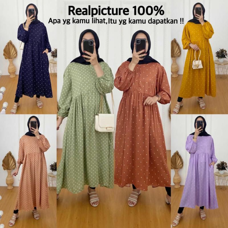 Sanso Midi Dress Bahan Rayon Viscose Midi Dress Motif Polkadot Midi Dress Busui Friendly