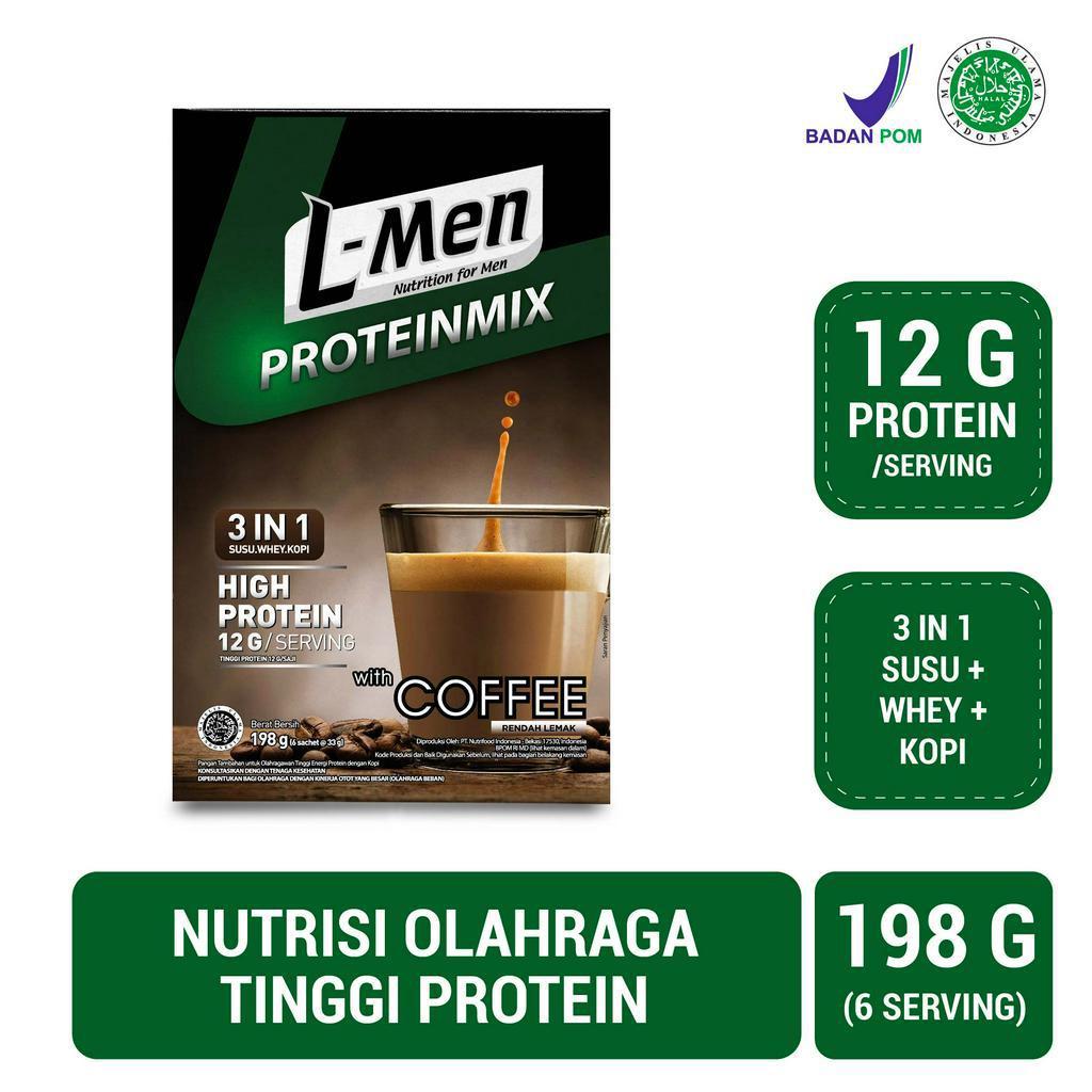 

L-Men Proteinmix Coffee 6 sachet (12g protein) - Suplemen 3 in 1 Tinggi Protein Rendah Lemak