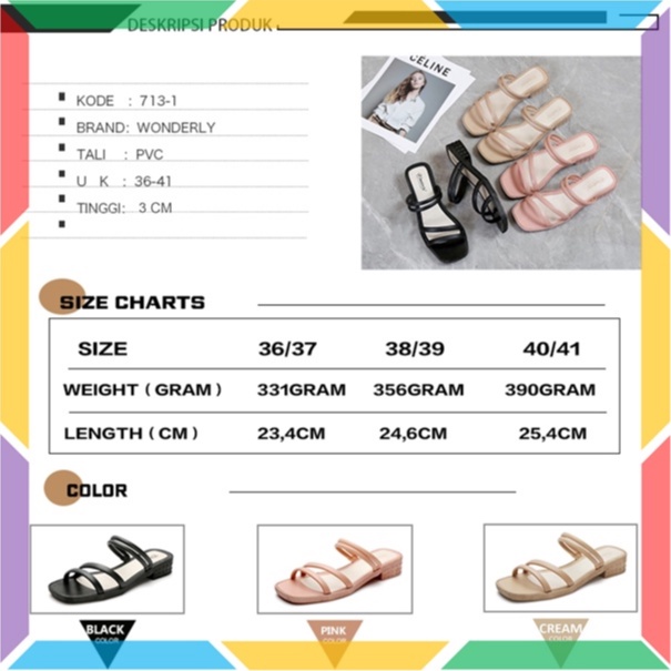713-1 Sandal Sepatu Wedges Wanita Ban 2 Wonderly Sendal Selop Cewek Jelly Karet Tawana-1