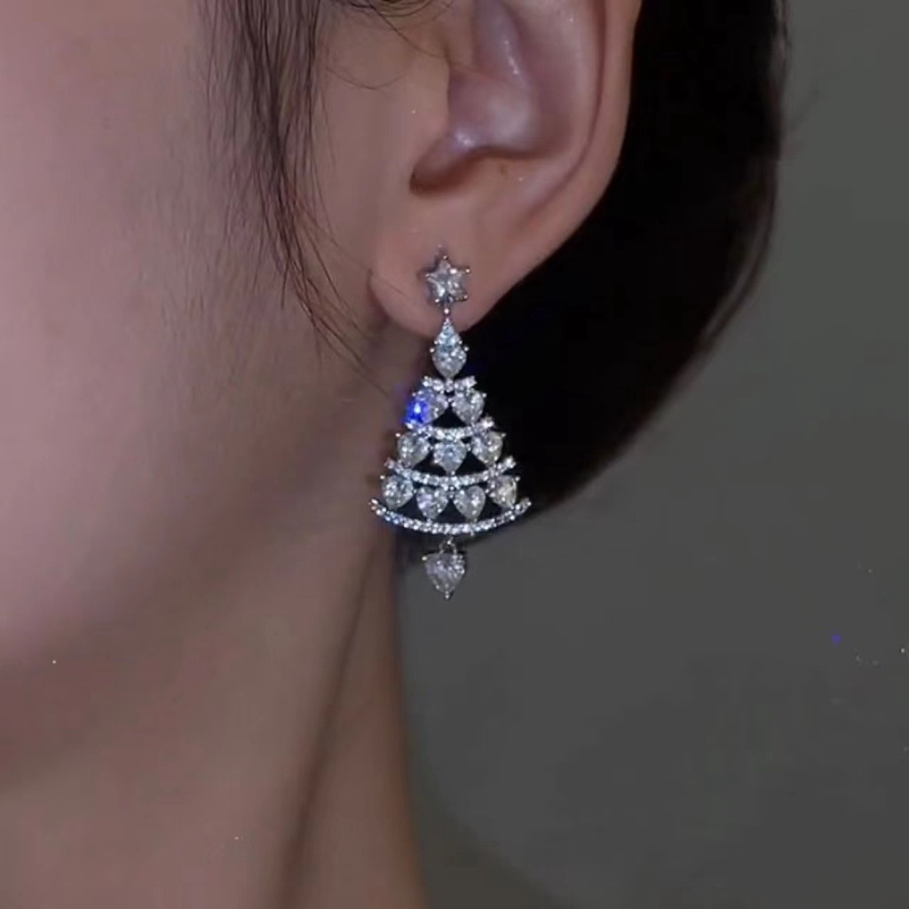 Anting Stud 925 Silver Needle Bentuk Pohon Natal Gaya Korea Untuk Wanita