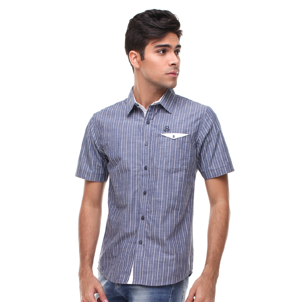 Johnwin - Kemeja Casual - Kemeja Pria - Salur - Biru - Slim Fit - ASH.670.S880.624.C - Free keychain