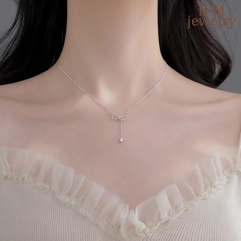 Kalung Rantai Sterling Silver 925 Dengan Liontin Pita Rumbai Hias Berlian Imitasi Untuk Wanita