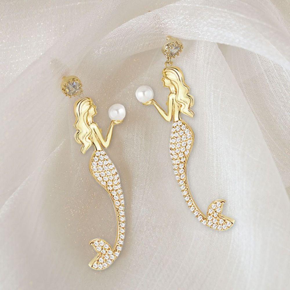 NEEDWAY Needway Mermaid Eardrop Mewah Kristal Mutiara Perjamuan Perhiasan Berlian Imitasi Gaya Korea Anting