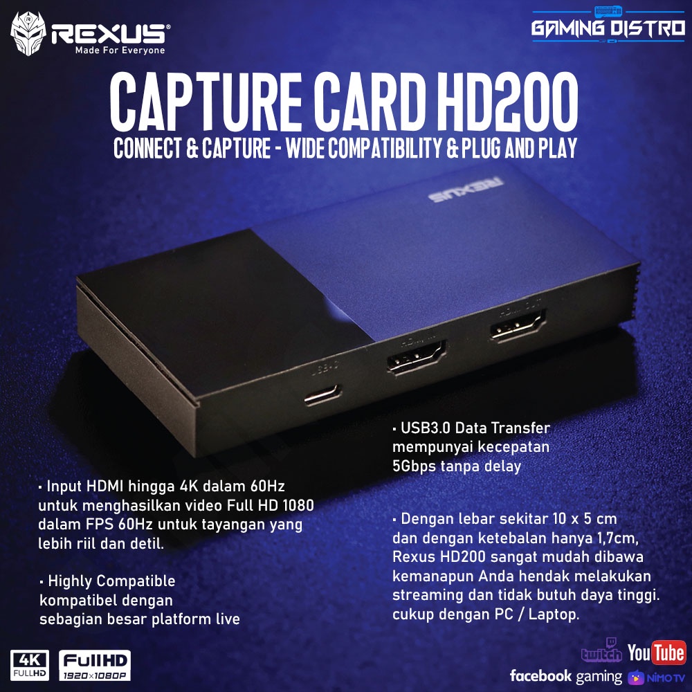 Rexus HD200 Capture Card Stream and Record 4K Multi-Platform