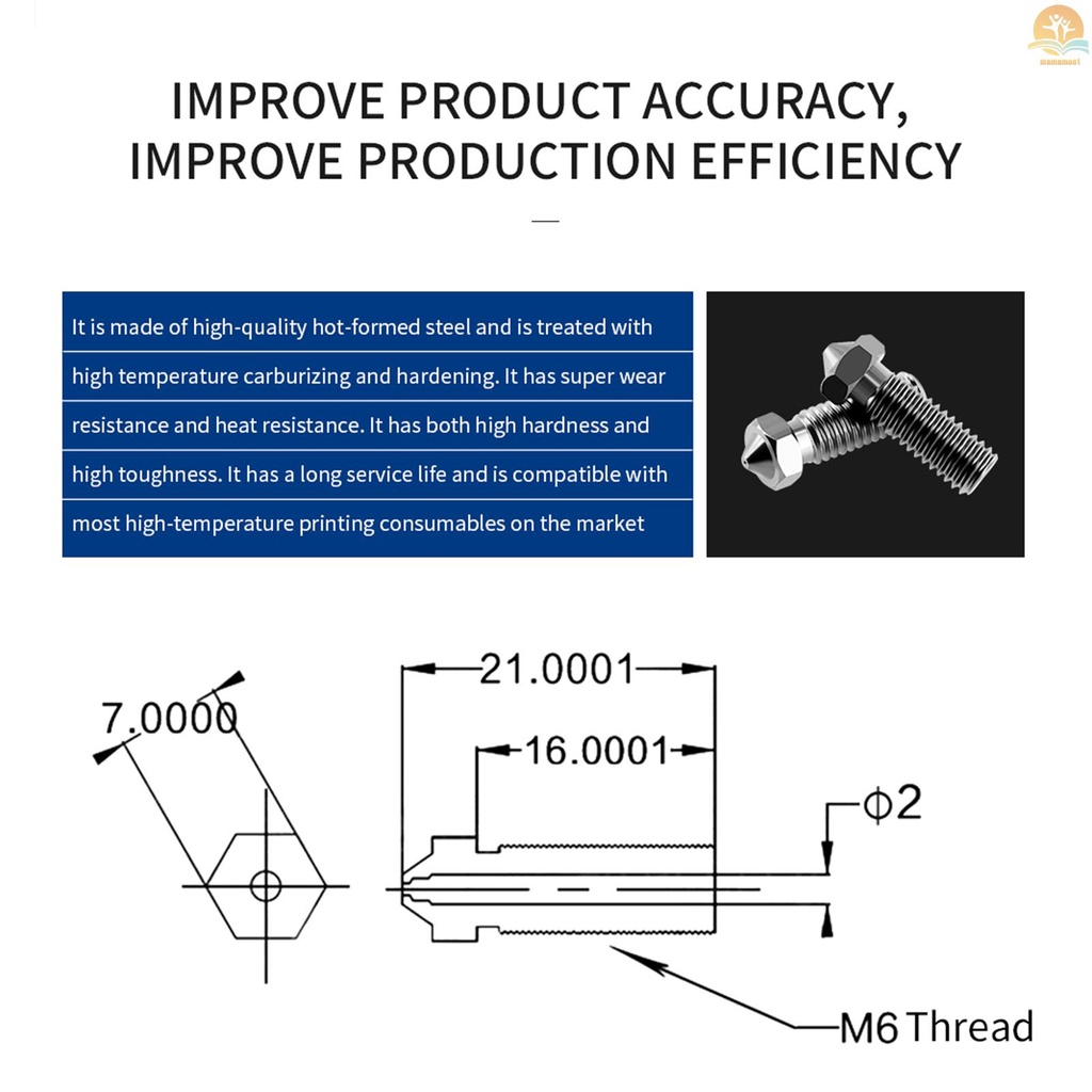 3D Printer Nozzle 0.2/0.3/0.4/0.5/0.6/0.8/1.0mm Nozzle Hardened Steel Tool M6 Thread Extruder Print Head High Temperature Resistant Volcano Nozzles for 1.75mm Filament Carbon fiber Filaments