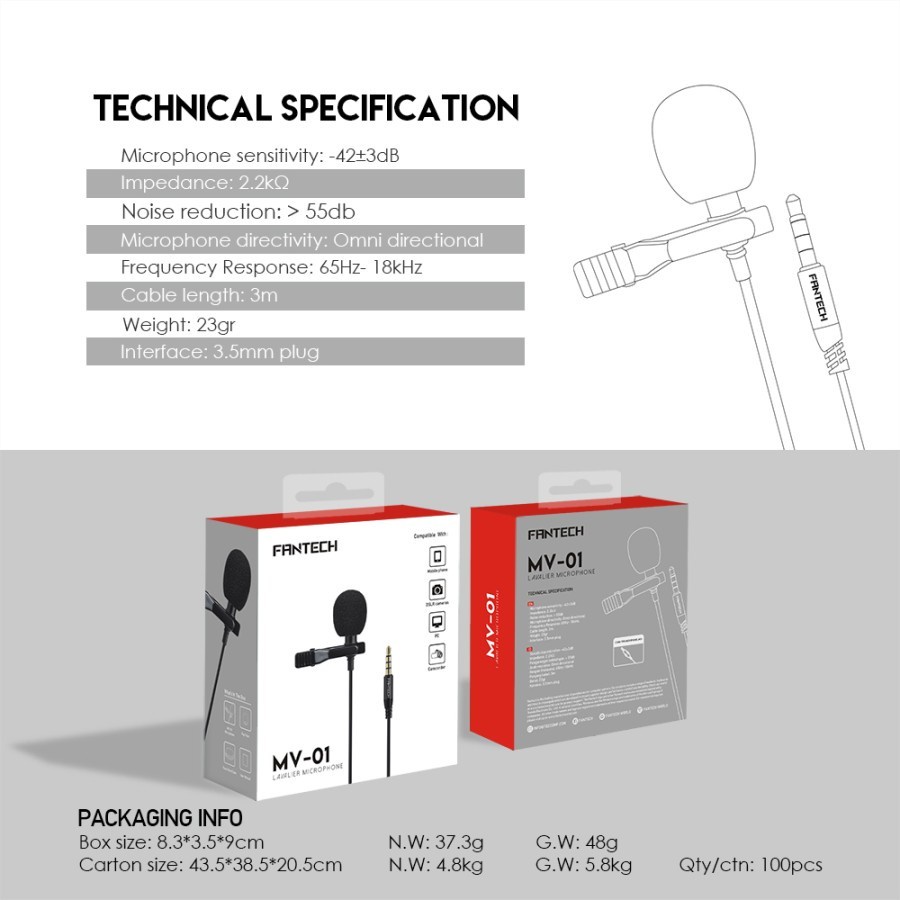 Fantech MV-01 Lavalier Microphone - Gaming Mic 3.5mm Clip PC Camera