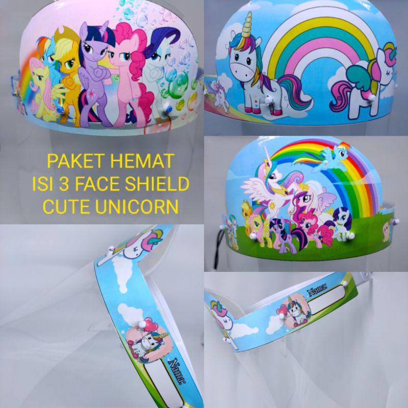 

PAKET HEMAT ISI 3 FACE SHIELD ANAK CUTE PONY & UNICORN BONUS FREE PACKING KARDUS BOX