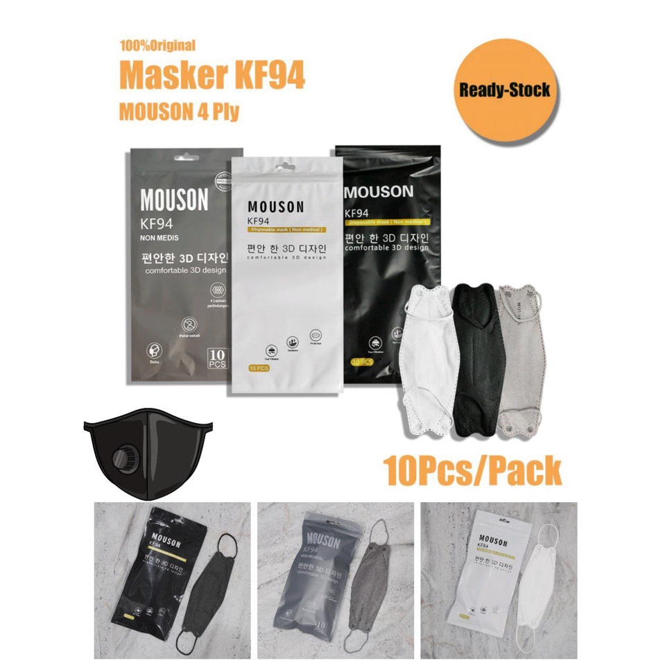 MASKER KF94 HITAM PUTIH MOUSON / KF94 MIX WARNA / Masker KF94 STARK Hitam Putih  Murah Isi 10 Pcs