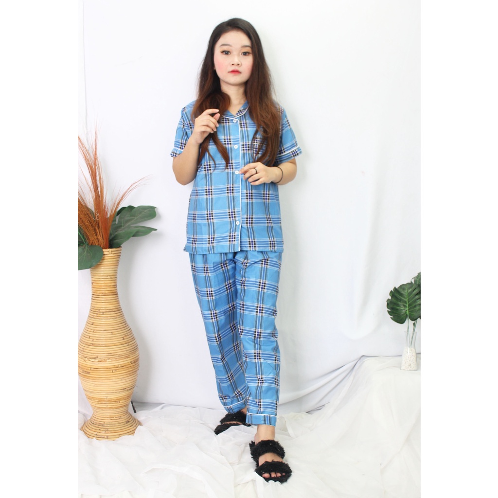 OKHISHOP - CP1 Piyama Pajamas CP Baju Tidur Piyama Wanita Dewasa Setelan CP Motif Trendy Karakter Kotak Guilen-CP BOB Biru