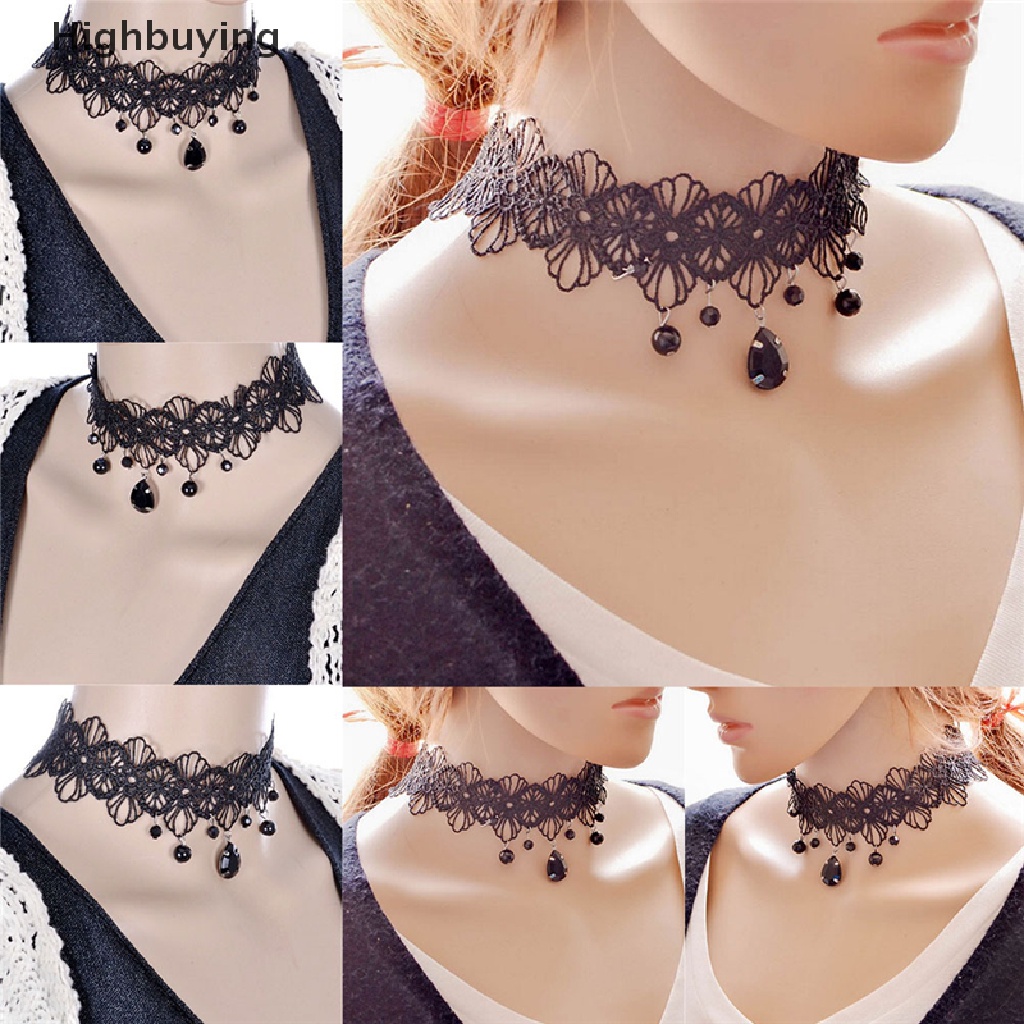 Hbid Kalung Choker Lace Hitam Gaya Gothic Retro Dengan Liontin Bunga Untuk Wanita