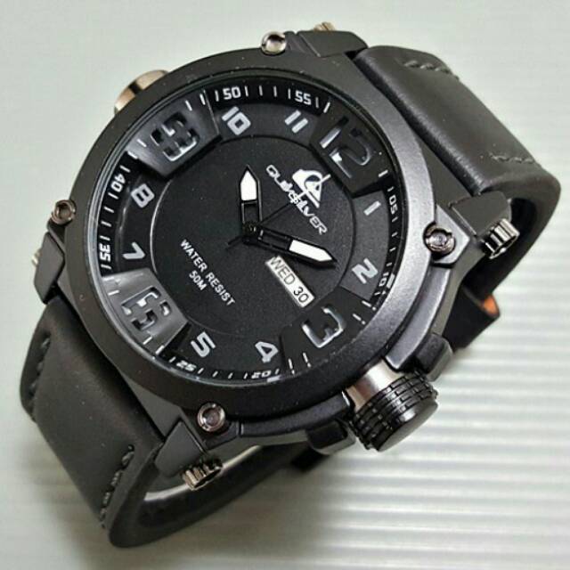 (Free Ongkir)Best Seller Jam Tangan Pria Quiksilver Tali Kulit Hitam List Putih