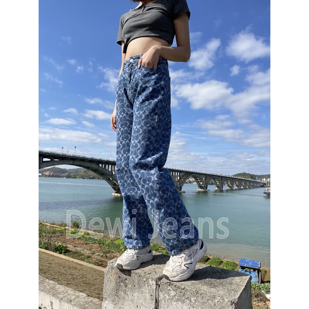 L.A.Outlet J35  Celana Jeans Bintang Biru Tua Celana Jeans Vintage Amerika Celana Jeans HW Lurus Celana Jeans HW Berpinggang Tinggi Celana Jeans Kaki Lebar Mode Baru Celana Jeans Peplum Kasual