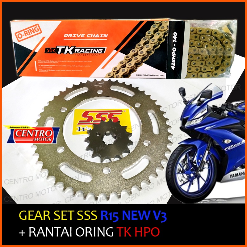 GEAR SET R15 NEW V3 SSS+RANTAI ORING TK HPO warna EMAS.HEAVY DUTY