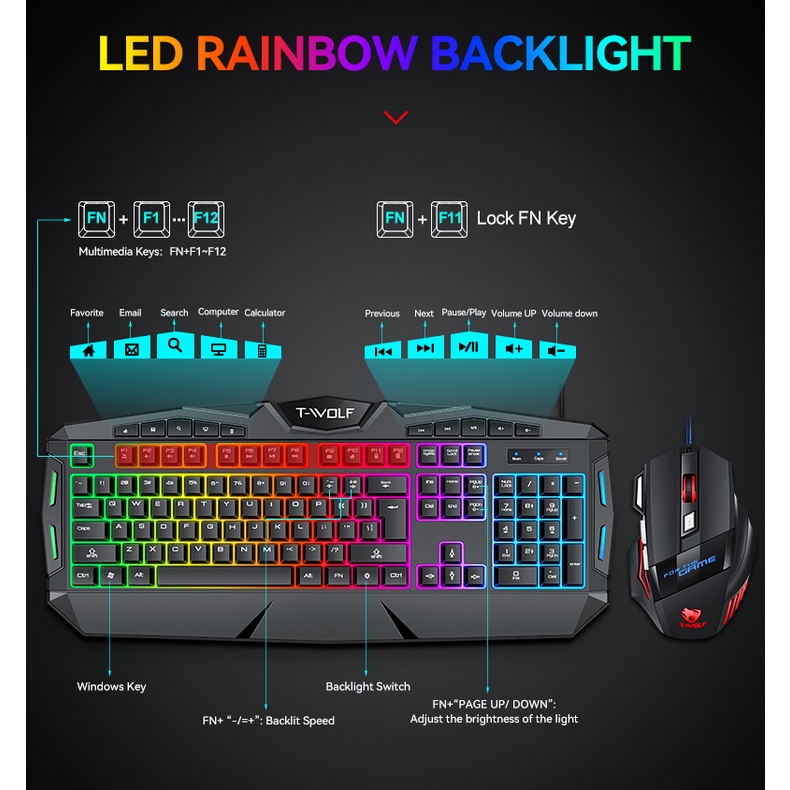 SKU-1284 KEYBOARD MOUSE GAMING TWOLF TF390 LED BACKLIGHT T-WOLF TF-390