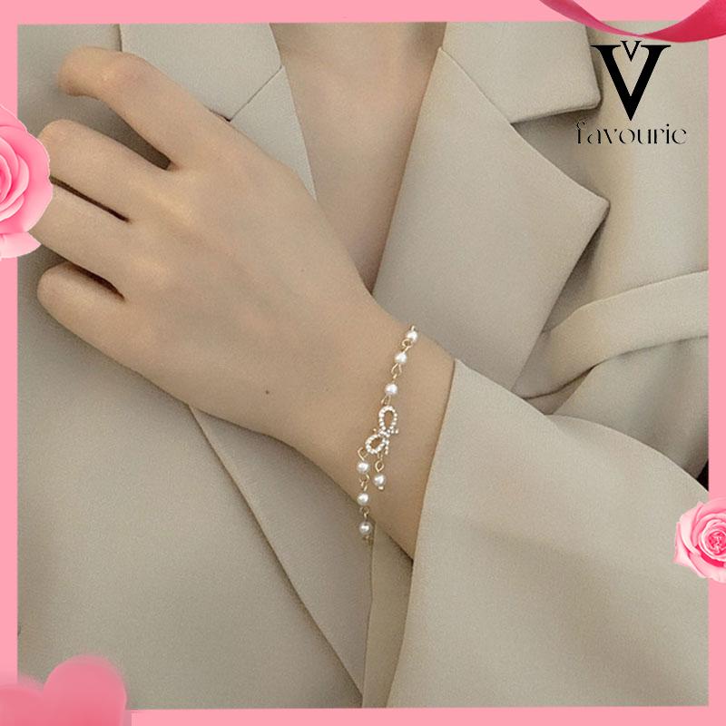 [COD]Micro-Inlaid Bow Pearl Bracelet Electroplating Manis Serbaguna Perhiasan Pacar-FA