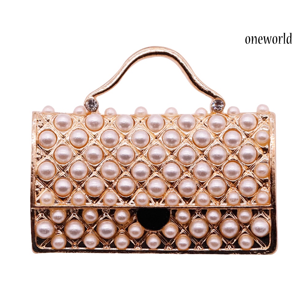 OW@ Women Handbag Shape Faux Pearl Inlaid Brooch Pin Denim Jacket Collar Badge Gift