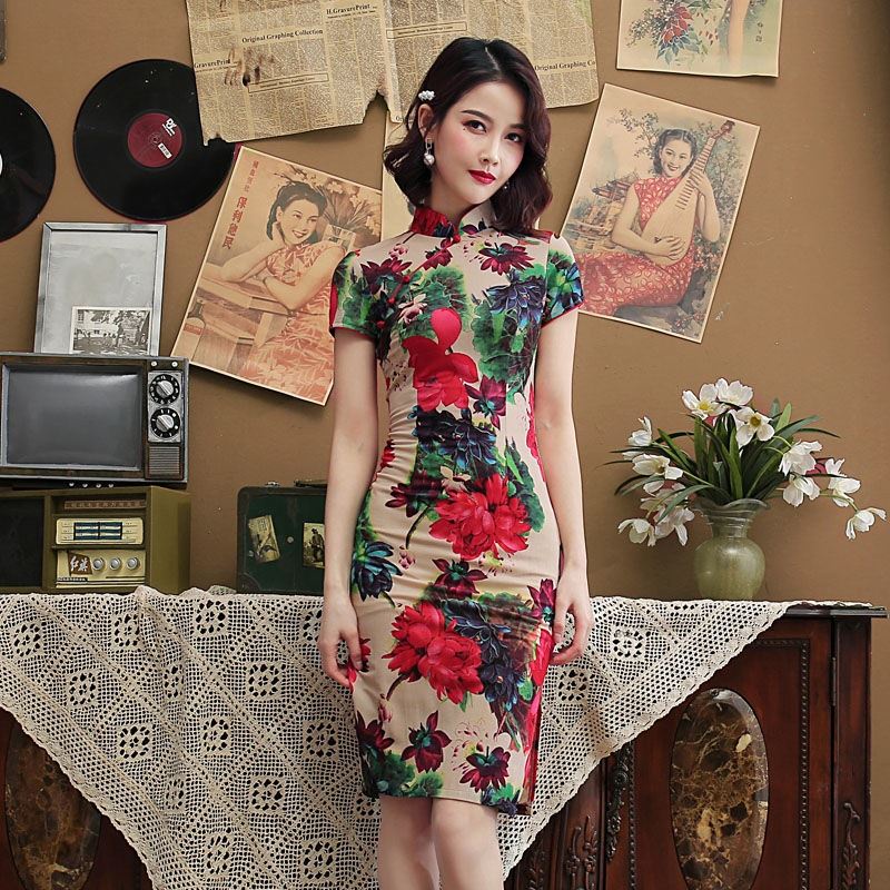 Multicolor new women's summer elastic cotton short sleeved cheongsam Chinese stand collar slim liter