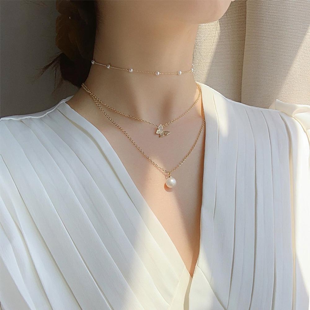 Needway Kalung Kupu-Kupu Wanita Korea Collares Perhiasan Multi Layer Rantai Klavikula Sederhana