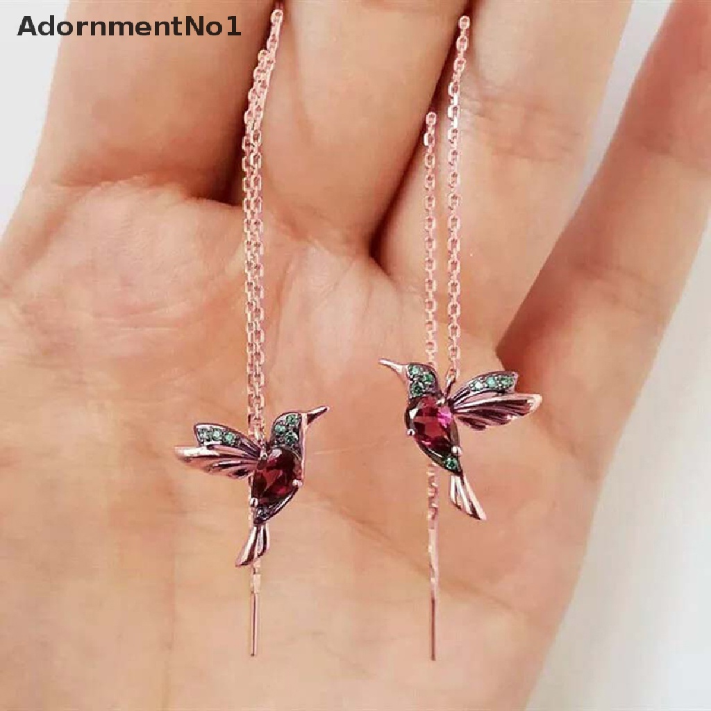 (AdornmentNo1) Anting Gantung Panjang Tusuk Motif Burung Kolibri Aksen Rumbai + Kristal Untuk Perhiasan Wanita