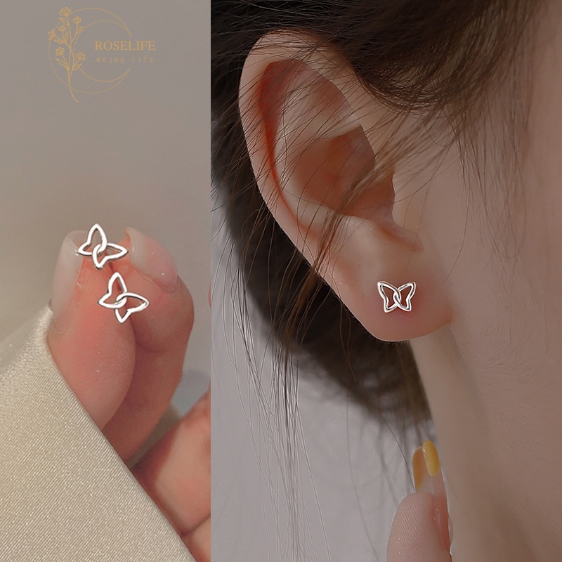 Roselife 1 Pasang Anting Tusuk Gantung Sterling Silver 925 Desain Kupu-Kupu Mini Hollow Untuk Wanita