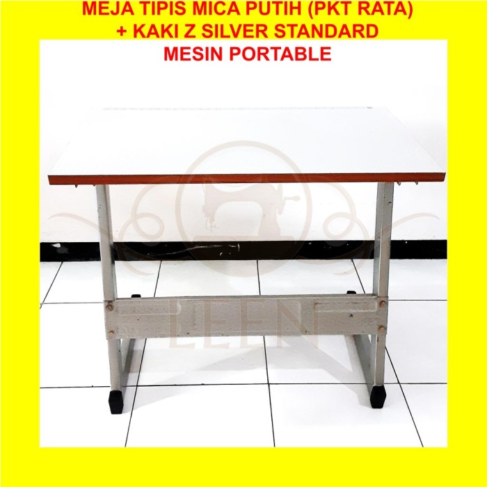 Meja Tipis MIKA PUTIH &amp; Kaki Z Silver SET Mesin Jahit Portable LEEN