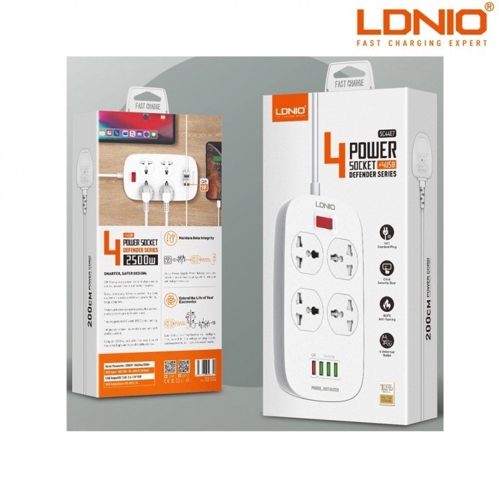 774 Stop Kontak LDNIO SC4407 Defender Series - Colokan Listrik 4 Socket 4 USB QC 3.0