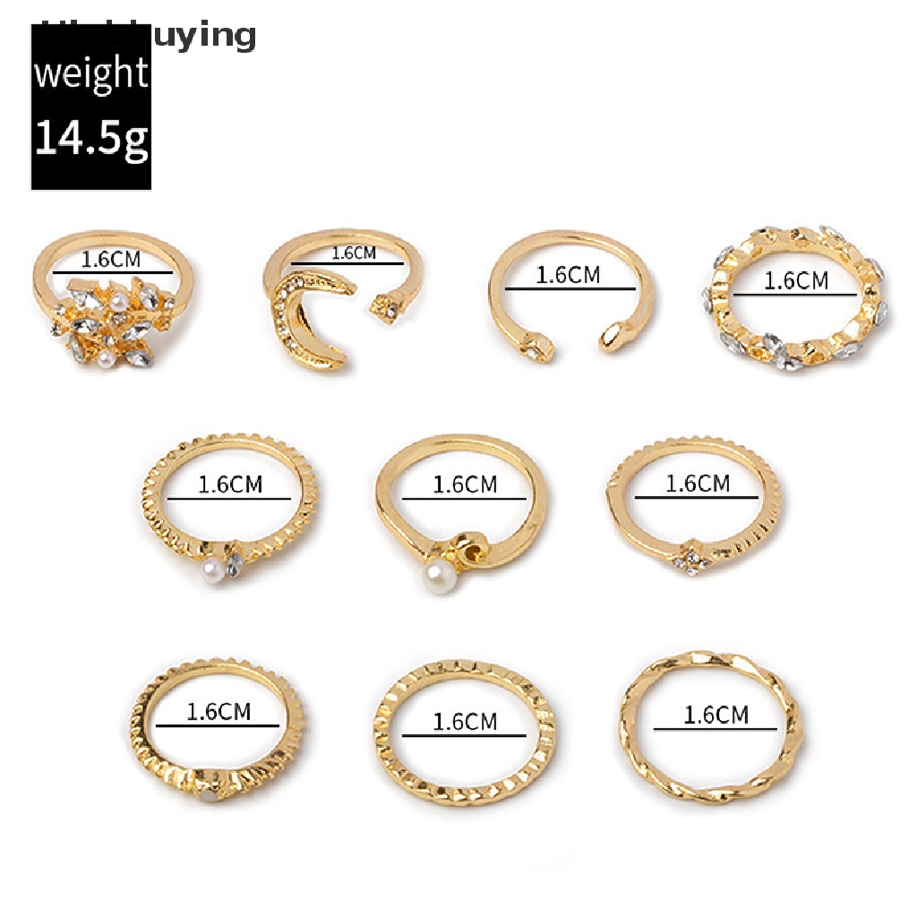 Hbid 10Pcs / set Cincin Motif Daun / Bunga / Bulan / Bintang / Geometri Aksen Mutiara + Kristal Untuk Wanita