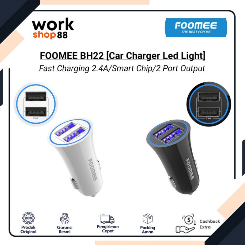 Baru FOOMEE BH22 Car Charger Casan Mobil Fast Charging 2.4A 2 Output Dual Usb Led Display - New Orig