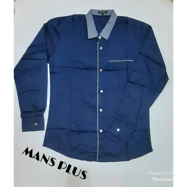 Kemeja Pria Navy / Biru Dongker Polos Kombinasi Lengan Panjang Ukuran M L XL XXL XXXL z7