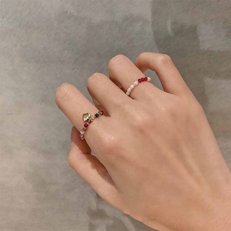 Cincin Manik-Manik Kristal Bentuk Hati Geometris Elastis Gaya Korea