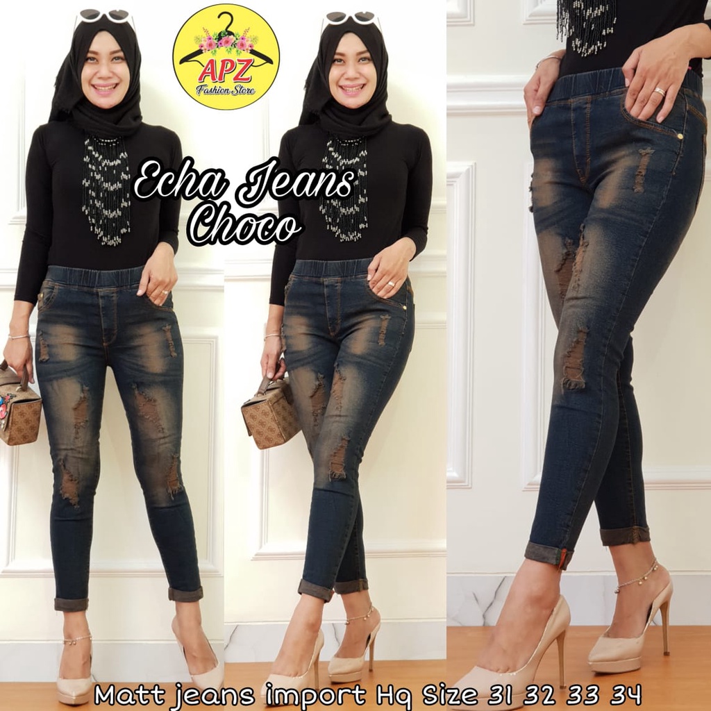 Celana Panjang ECHA JEANS Sobek Lipat Wanita Terbaru / Legging Jeans Ripped Jumbo 2022 / Celana Jeans Levis Pinggang Karet Model Terbaru JUMBO SIZE 31-38