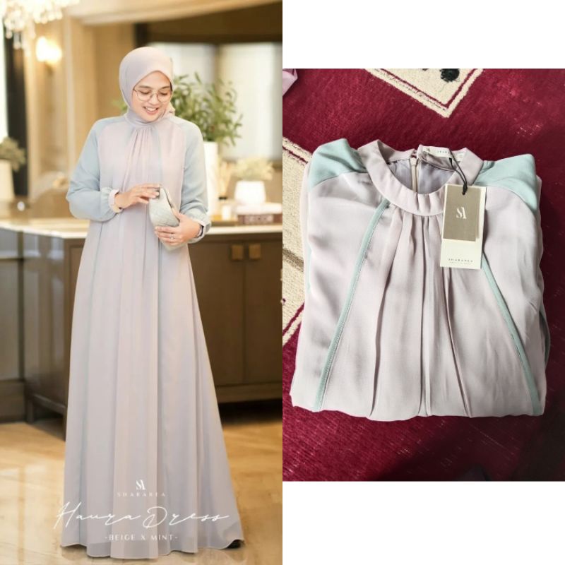Haura Dress by Shararea beigh x mint M/Shararea terbaru