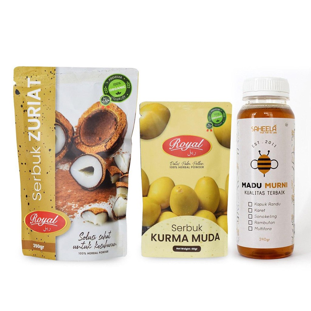 

Paket Promil Serbuk Kurma Muda 60 gr + Bubuk Zuriat 250 gr + Madu Murni Saheela 340 gr TokoShobi