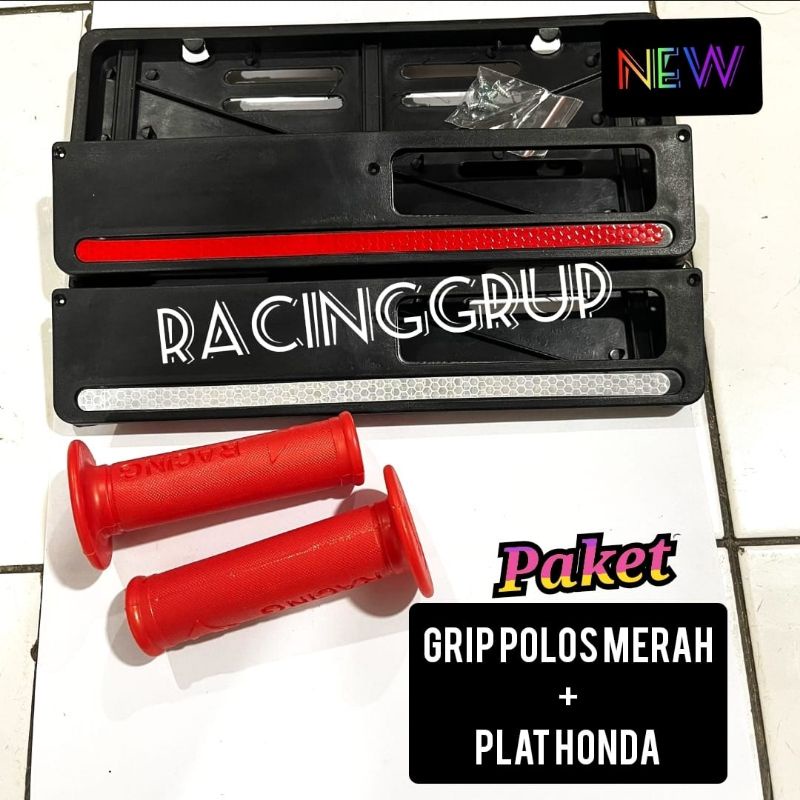 Paket Variasi Motor Handgrip Racing polos + Dudukan Plat Nomor List Warna mantul cahaya - merah