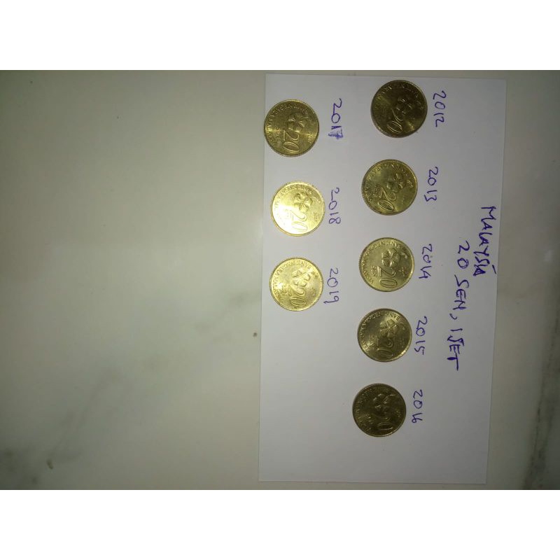 Set Malaysia 20 sen kuning total 8 koin komplit Rp16.000 semua