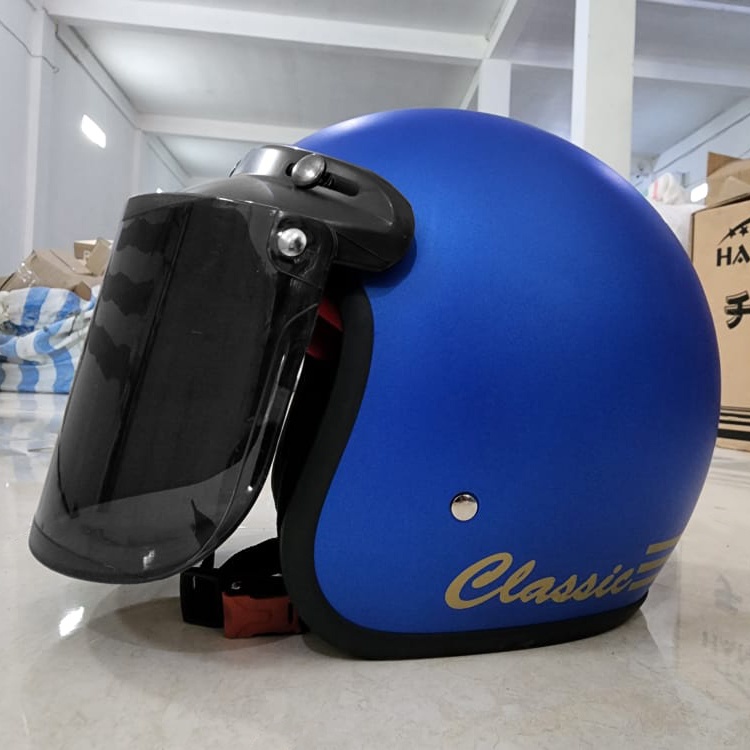 Helm Bogo Retro Dewasa Pria Wanita Polos Klasik SNI Motor-biru doff