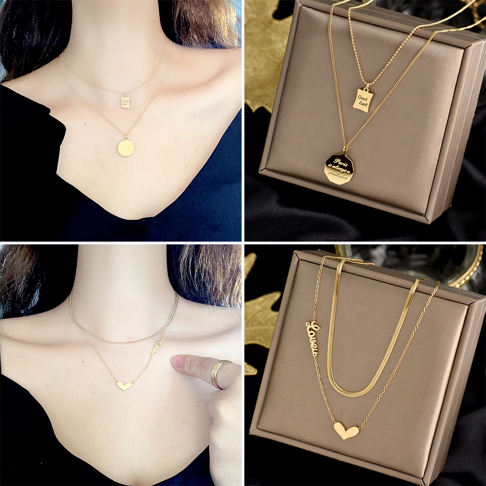 Golden Love Love Good Luck Round Brand Square Brand Geometric Double-layer Titanium Steel Men and Women Clavicle Chain Necklace Korean Fashion Jewelry