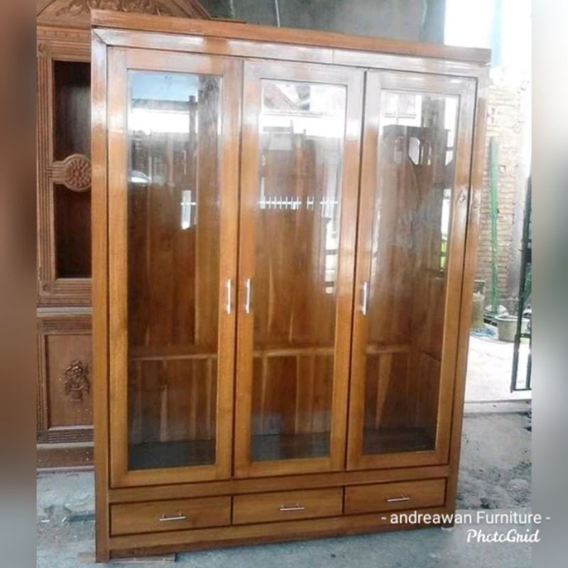 Lemari kaca - rak buku kaca - lemari serbaguna - lemari jati