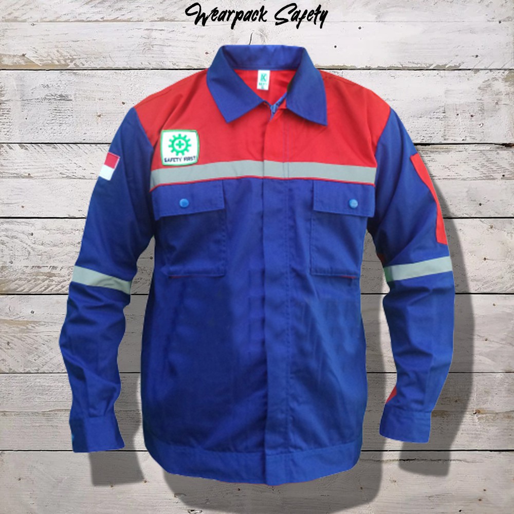 Wearpack Safety Biru Merah Atasan Wearpack Lengan Panjang Seragam Kerja