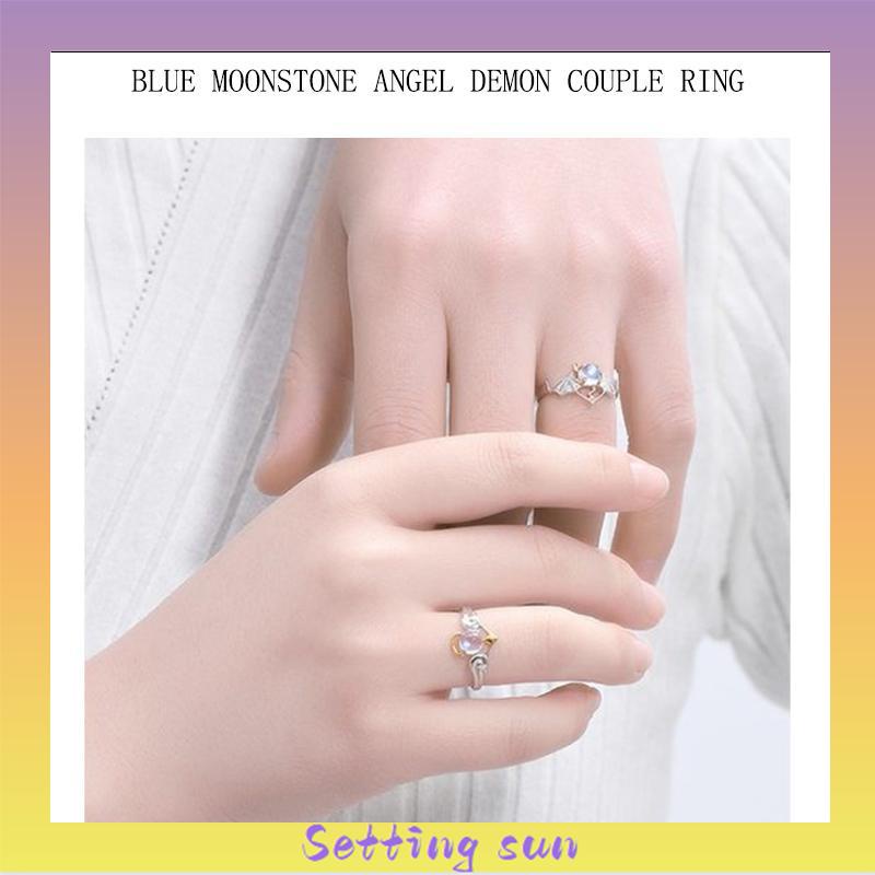 COD✨Cincin Wanita Perak Biru Moonstone Malaikat Setan Gaya Retro TN