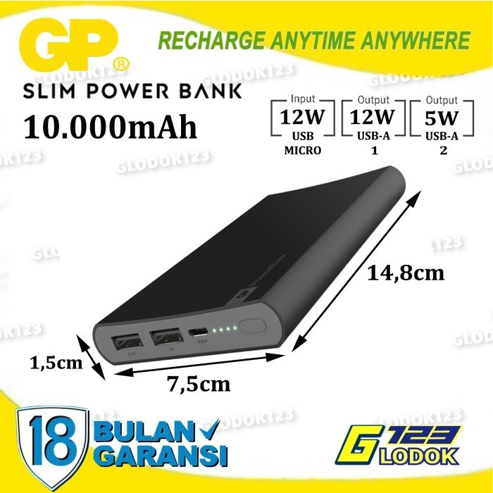 Powerbank 10000mAh Fast Charger 2.1A GP Dual Slots Real Capacity FP10M